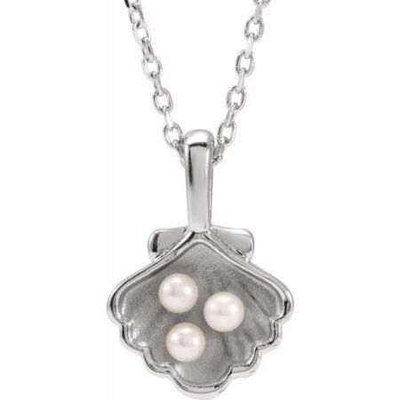 14k White 3-stone Cultured White Seed Pearl Family Shell 16-18' Necklace