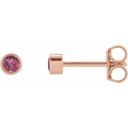 14k Rose 2.5 Mm Round Natural Pink Tourmaline Micro Bezel-set Earrings