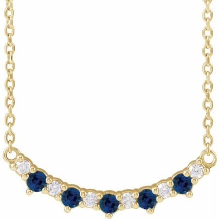 14k Yellow Lab-grown Blue Sapphire & .08 Ctw Natural Diamond Five-stone Bar 18' Necklace