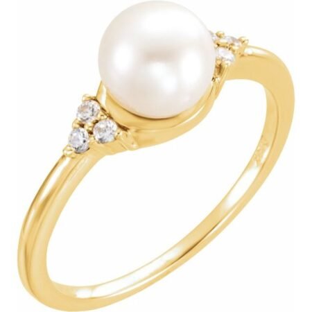 14k Yellow 7.5-8 Mm Cultured Freshwater White Pearl & 1/10 Ctw Natural Diamond Ring