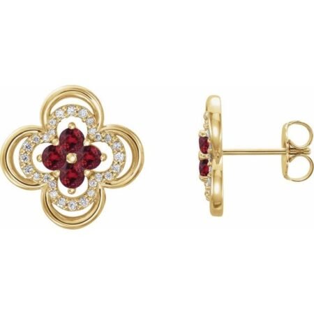14k Yellow Natural Ruby & 1/5 Ctw Natural Diamond Clover Earrings