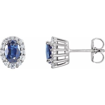 14k White Natural Blue Sapphire & 1/3 Ctw Natural Diamond Earrings