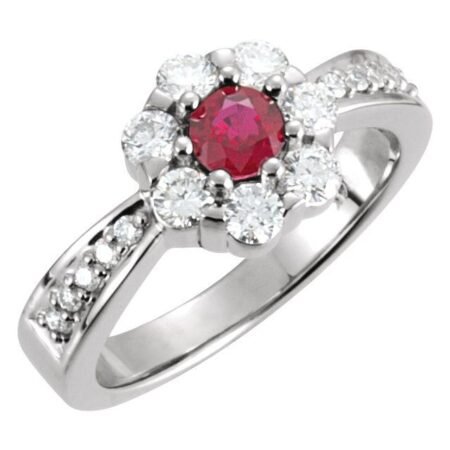 14k White Natural Ruby & 5/8 Ctw Natural Diamond Cluster Ring