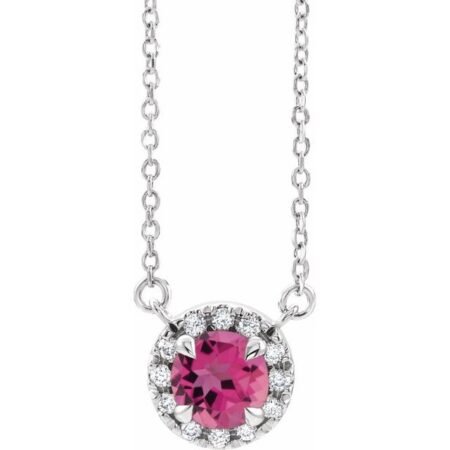 14k White 6 Mm Natural Pink Tourmaline & 1/6 Ctw Natural Diamond 18' Necklace