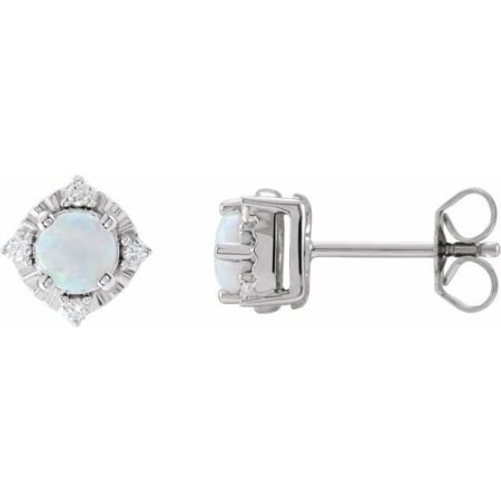 14k White Lab-grown White Opal & .08 Ctw Natural Diamond Halo-style Earrings
