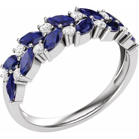 14k White 1/5 Ctw Natural Diamond And Natural Blue Sapphire Anniversary Band