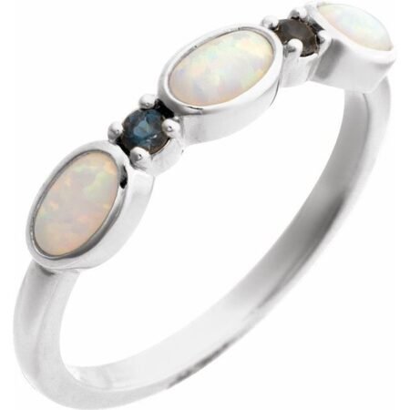 Sterling Silver Lab-grown White Opal & Natural London Blue Topaz Stackable Ring