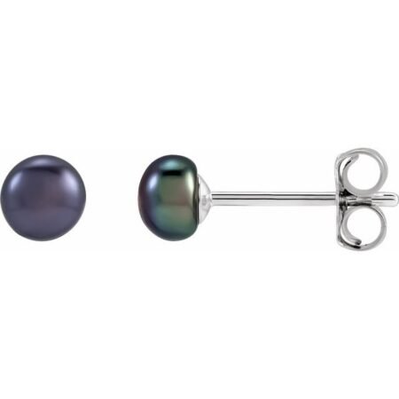 Sterling Silver 4-4.5 Mm Cultured Black Freshwater Button Pearl Earrings