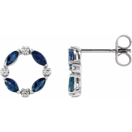 14k White Natural Blue Sapphire & 1/10 Ctw Natural Diamond Circle Earrings