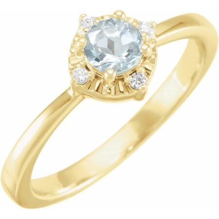 14k Yellow Natural Aquamarine & .04 Ctw Natural Diamond Halo-style Ring
