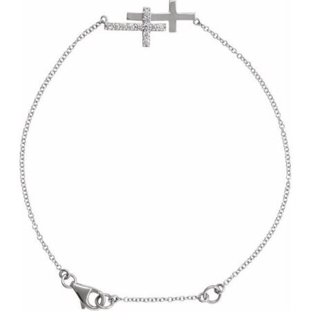 Sterling Silver Imitation Cubic Zirconia Double Sideways Cross 7-8' Bracelet