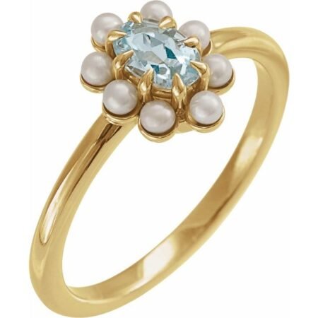 14k Yellow Natural Sky Blue Topaz & Cultured White Seed Pearl Halo-style Ring