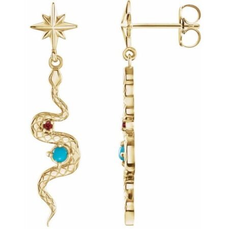 14k Yellow Natural Turquoise & Natural Ruby Snake Earrings