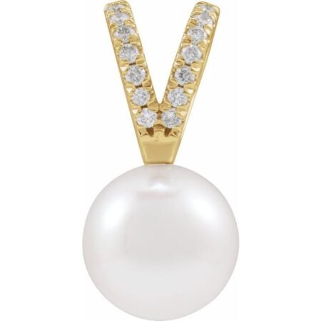 14k Yellow Cultured White Akoya Pearl & .05 Ctw Natural Diamond Pendant