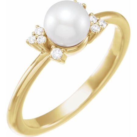 14k Yellow Cultured White Akoya Pearl & .07 Ctw Natural Diamond Ring
