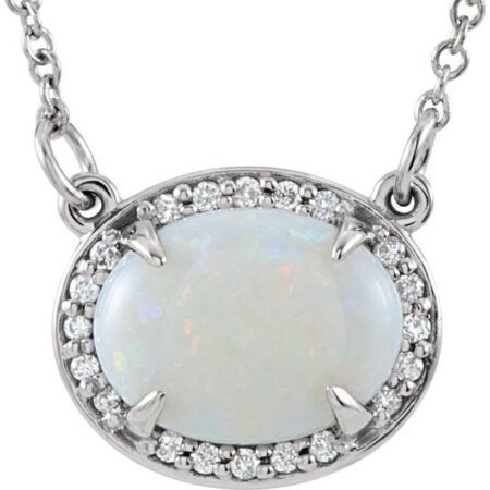 14k White Natural White Opal & .05 Ctw Natural Diamond Halo-style 16 1/2' Necklace