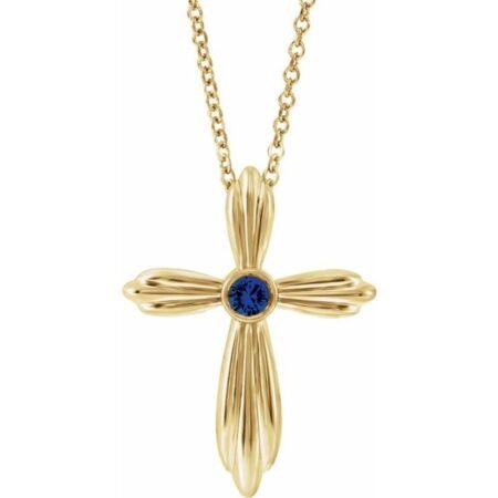 14k Yellow Lab-grown Sapphire Cross 16-18' Necklace