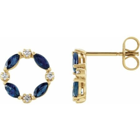 14k Yellow Natural Blue Sapphire & 1/10 Ctw Natural Diamond Circle Earrings