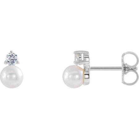 14k White Cultured White Freshwater Pearl & 1/5 Ctw Natural Diamond Earrings