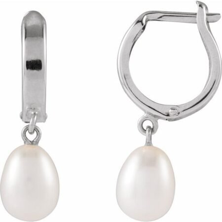 14k White Cultured White Freshwater Pearl Hoop Earrings