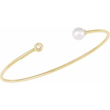14k Yellow Cultured White Freshwater Pearl & .03 Ct Natural Diamond Cuff 7' Bracelet