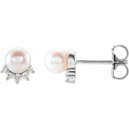 14k White Cultured White Freshwater Cultured Pearl & .08 Ctw Natural Diamond Earrings