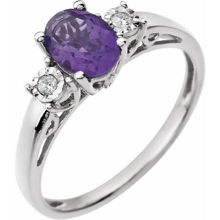 14k White Natural Amethyst & .04 Ctw Natural Diamond Ring