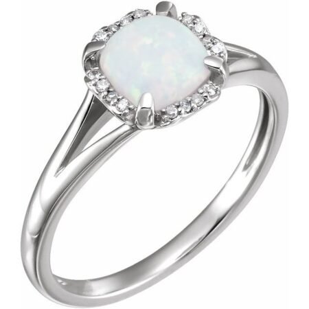 14k White Lab-grown Opal & .05 Ctw Natural Diamond Ring