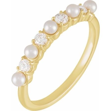 14k Yellow  Cultured White Seed Pearl & 1/4 Ctw Natural Diamond Anniversary Band