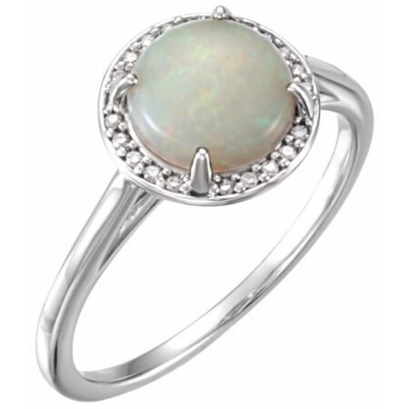 14k White Natural White Opal & .05 Ctw Natural Diamond Ring