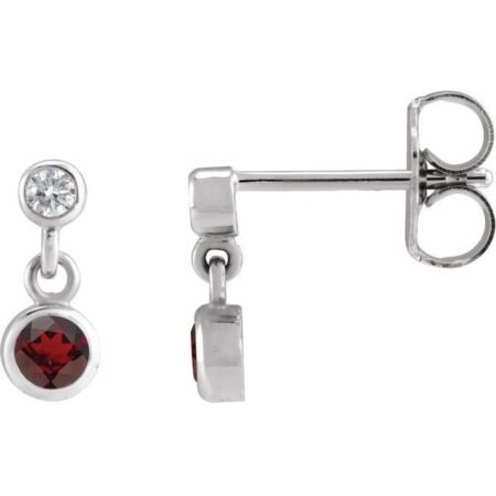 14k White Natural Mozambique Garnet & .05 Ctw Natural Diamond Two-stone Earrings