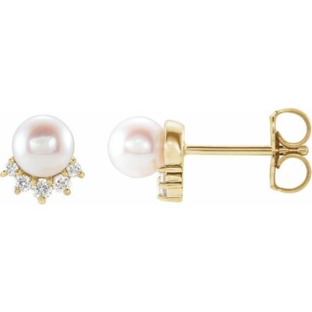14k Yellow Cultured White Freshwater Cultured Pearl & .08 Ctw Natural Diamond Earrings