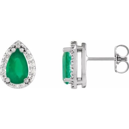 14k White Lab-grown Emerald & 1/10 Ctw Natural Diamond Halo-style Earrings