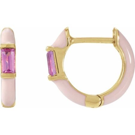 14k Yellow Natural Pink Tourmaline & Pink Enamel Hinged 11 Mm Hoop Earrings