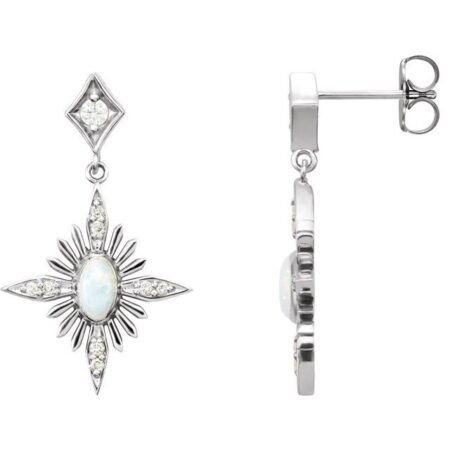 14k White Natural White Opal & 1/6 Ctw Natural Diamond Star Earrings