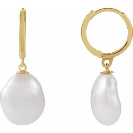 14k Yellow Cultured White Freshwater Keshi Pearl Hoop Earrings