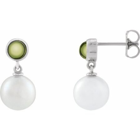 14k White Cultured White Freshwater Pearl & Natural Peridot Cabochon Earrings