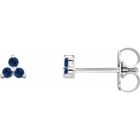 14k White Natural Blue Sapphire Three Stone Earrings
