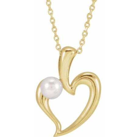 14k Yellow Cultured White Akoya Pearl Heart 16-18' Necklace
