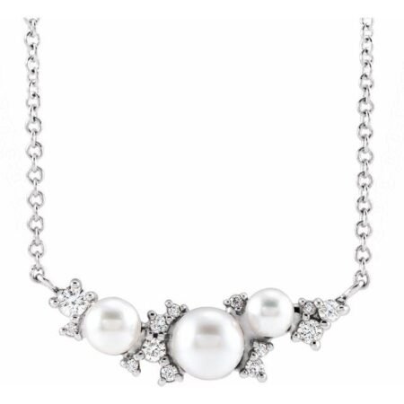 Platinum Cultured White Akoya Pearl & .08 Ctw Natural Diamond 18' Necklace