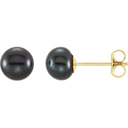 14k Yellow 5-6 Mm Cultured Black Freshwater Button Pearl Earrings