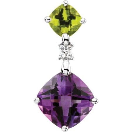 14k White Natural Amethyst, Natural Peridot & .03 Ctw Natural Diamond Pendant