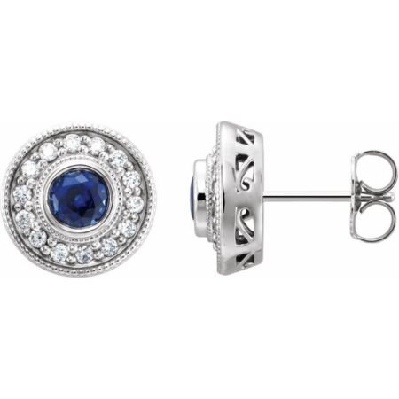14k White Lab-grown Blue Sapphire & 1/3 Ctw Natural Diamond Halo-style Earrings