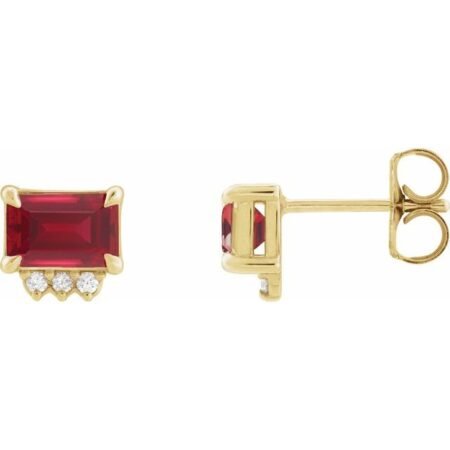 14k Yellow Lab-grown Ruby & .04 Ctw Natural Diamond Stud Earrings