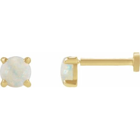 14k Yellow Cabochon Natural White Opal Stud Earring