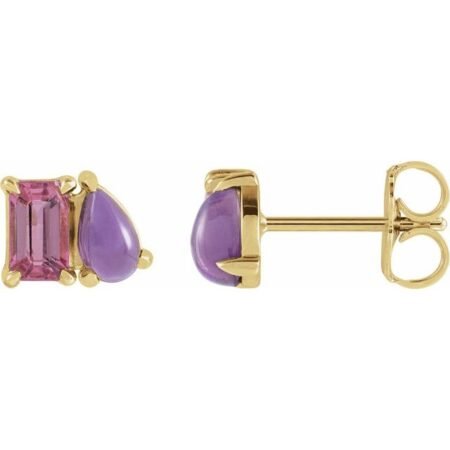 14k Yellow Natural Pink Tourmaline & Natural Amethyst Two-stone Stud Earrings