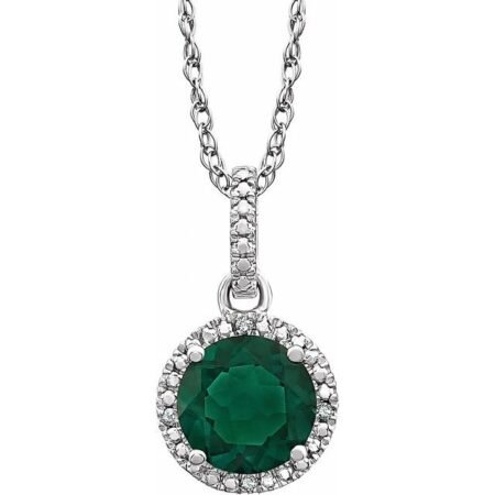 Sterling Silver Lab-grown Emerald & .01 Ctw Natural Diamond 18' Necklace