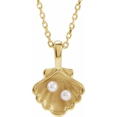 14k Yellow 2-stone Cultured White Seed Pearl Family Shell 16-18' Necklace
