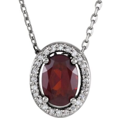 14k White Natural Mozambique Garnet & .05 Ctw Natural Diamond 16' Necklace
