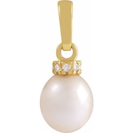 14k Yellow Cultured White Freshwater Pearl & .08 Ctw Natural Diamond Pendant